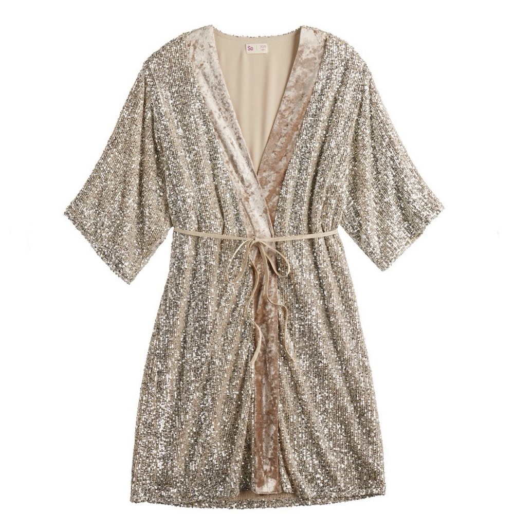 🎉HP🎉 Juniors’ SO Champagne Gold Sequin Kimono XS/S NWT